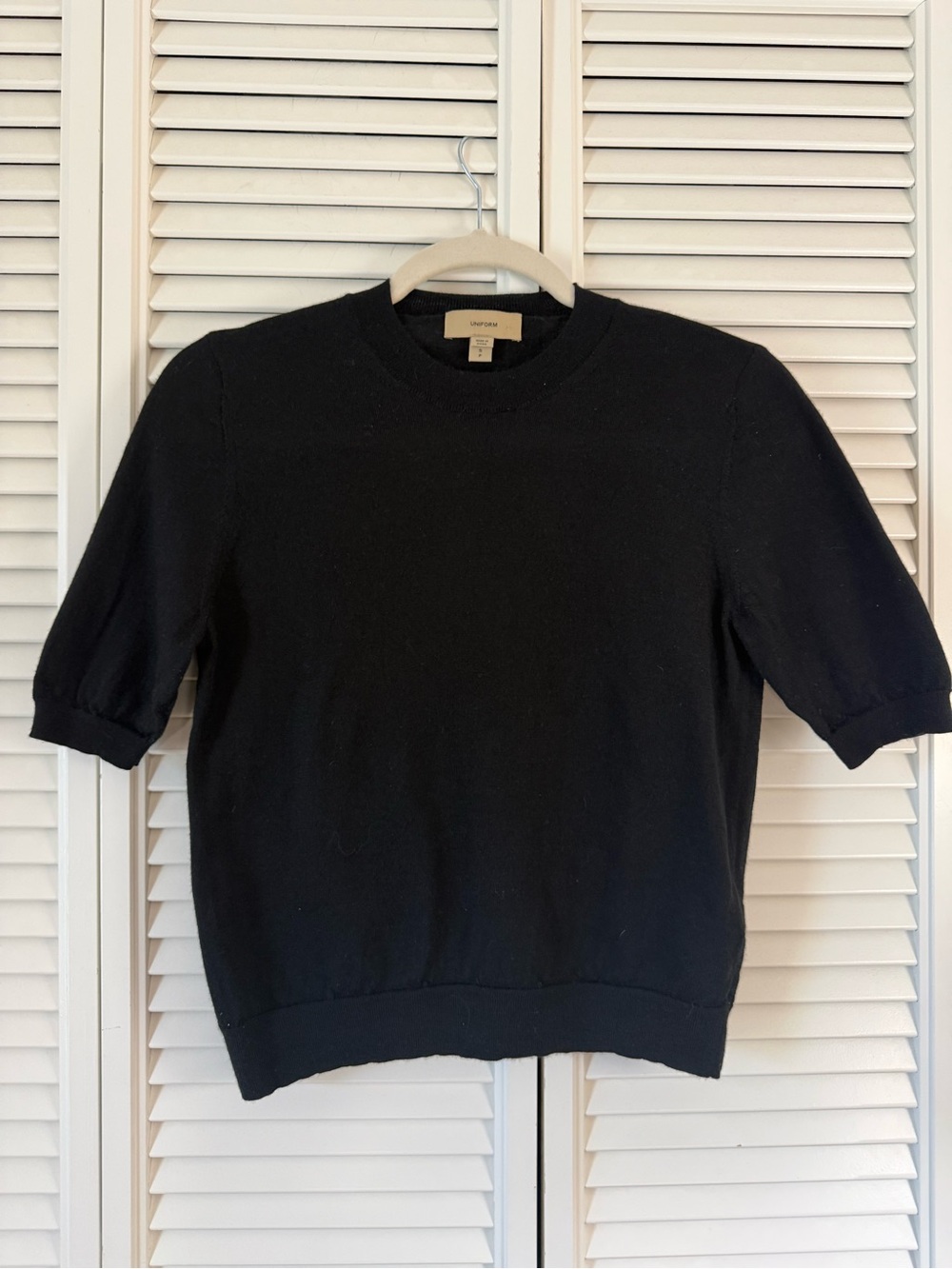 Burberry Uniform Merino Wool Black Crew Neck Short Sleeve Sweater Size S